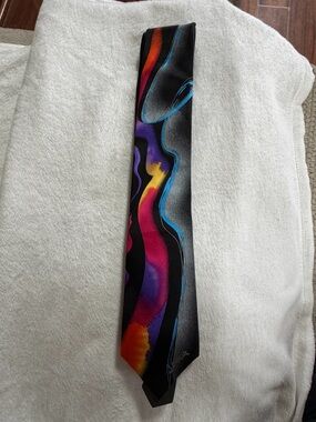J. Garcia Black Tie with Purple, Pink, Orange and Yellow Abstract Swirls
